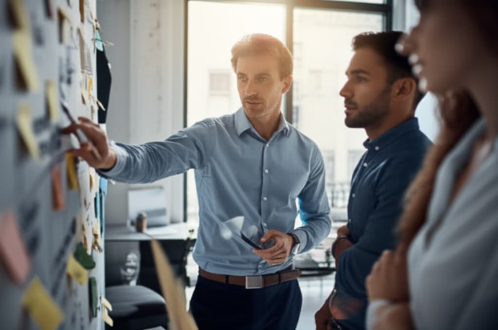 A diverse business team, led by a confident and inspiring leader, actively collaborating around a table in a modern office, symbolizing effective team leadership and strategic guidance.