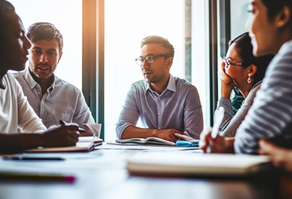 Diverse team of professionals collaborating around a conference table in a modern office, engaged in a productive business meeting.