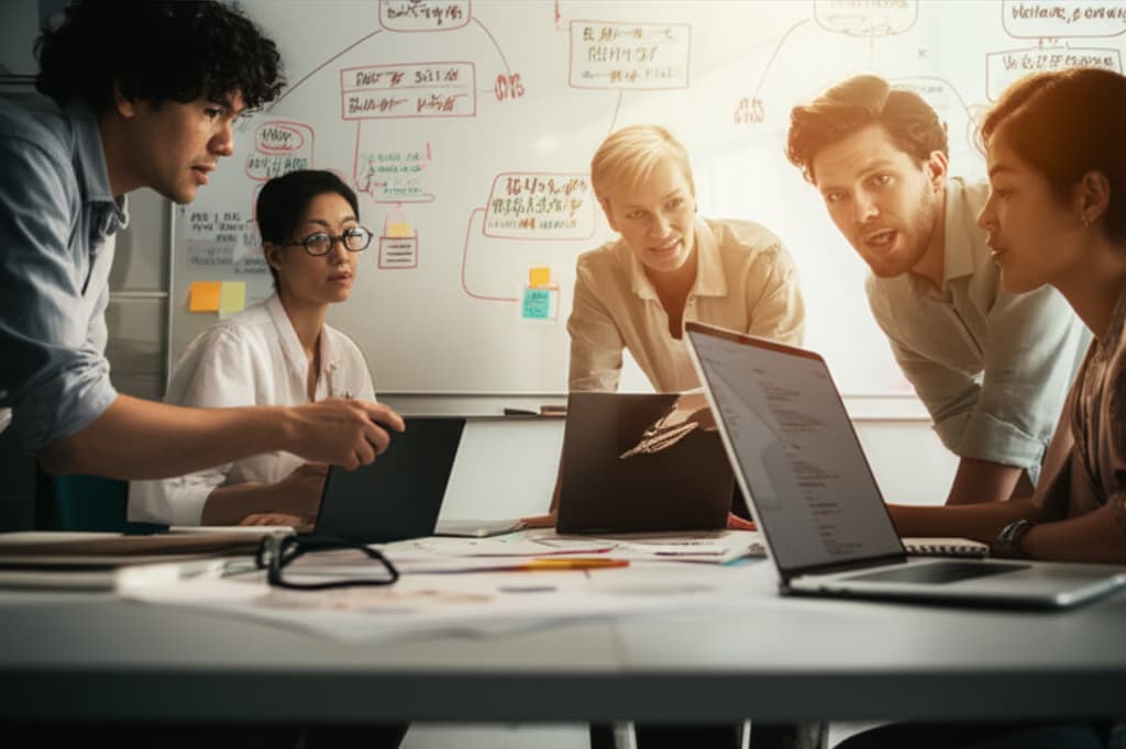 Diverse team members actively collaborating on a project in a modern office, showcasing teamwork, brainstorming, and effective communication for project success.