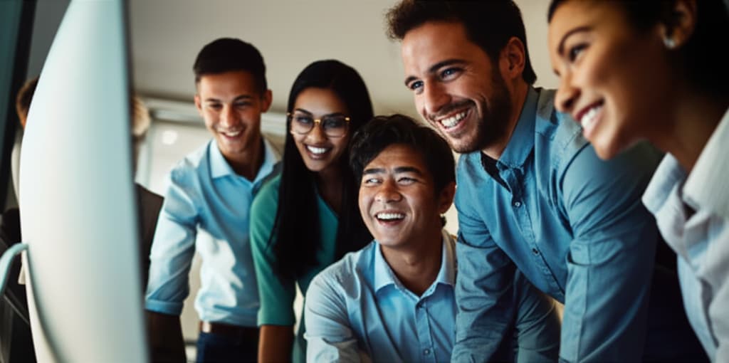 A diverse professional team collaborating in a modern office, representing strong team unity and successful teamwork.
