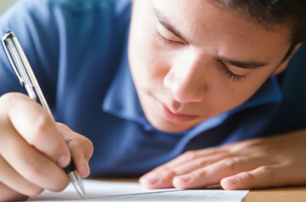 A realistic and detailed image of a student concentrating intently while taking a test or exam, showing a pencil on paper with a focused expression.