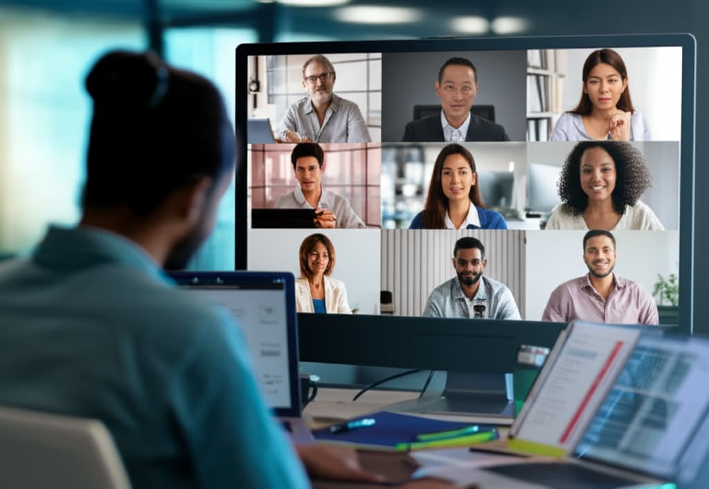 Diverse group of professionals collaborating in a high-quality video conference call, featuring a large screen with multiple participants in a modern office setting.