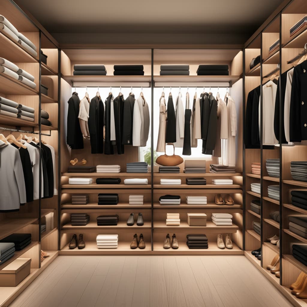 A beautifully organized modern walk-in closet with custom shelving, hanging clothes, drawers, and neatly arranged shoes, showcasing efficient storage and decluttering solutions.