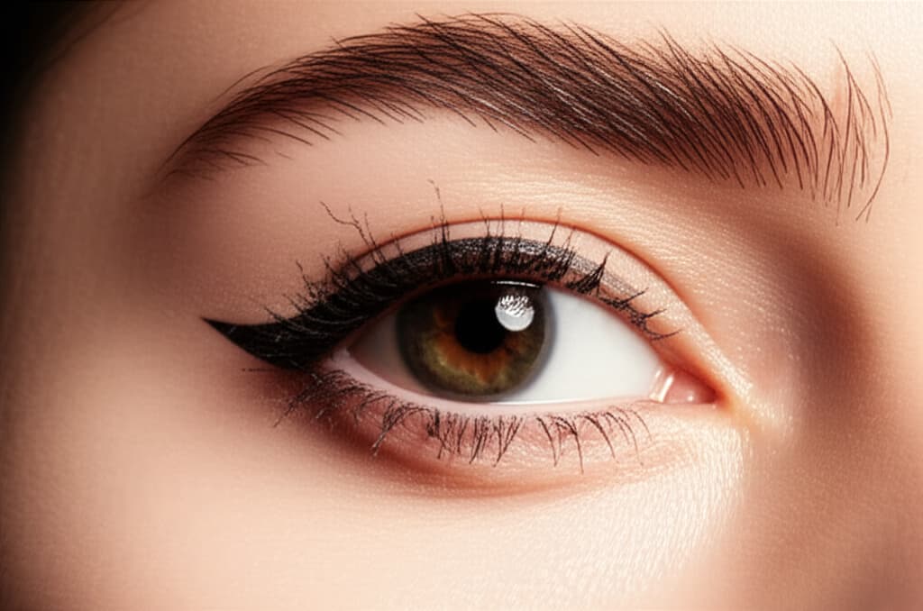 Close-up image of a woman's eye with flawlessly applied natural winged eyeliner, showcasing a sharp and elegant black wing on textured skin.