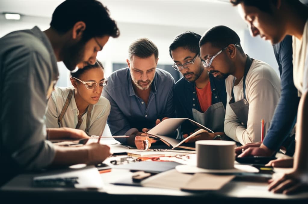 Diverse group of adults engaged in hands-on workshop training, learning practical skills from an instructor in a modern, collaborative setting.
