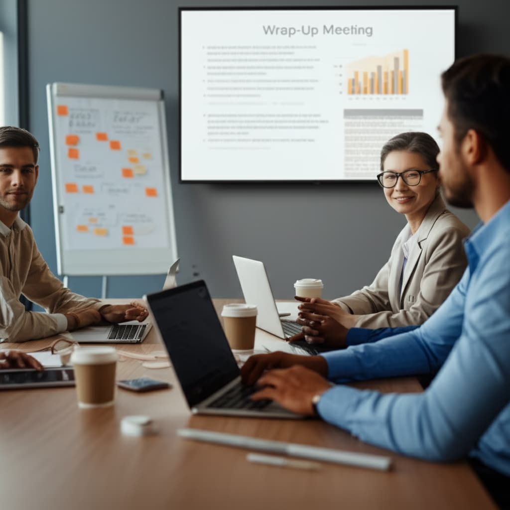 A diverse team of business professionals collaboratively concluding a successful wrap-up meeting in a modern office, signifying project completion and final review.