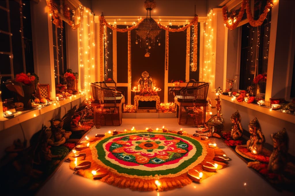 Diwali-Decoration-Ideas-Festive-Home-Lighting Beautiful Diwali home decoration with glowing traditional diyas, modern string lights, vibrant rangoli, and fresh marigold flowers, creating a festive ambiance.